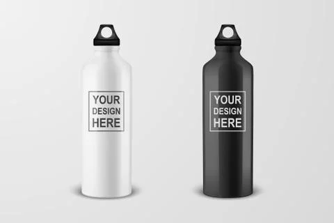Vector realistic 3d white and black empty glossy metal water bottle with black Stock Illustration