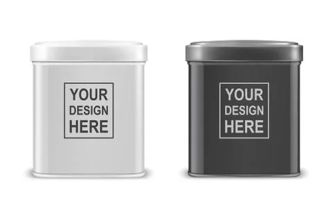 Vector realistic 3d white and black blank metal aluminium tea tin can container Illustrazione stock