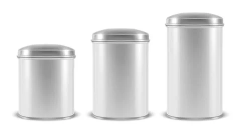 Vector realistic 3d white blank metal aluminium tin can containers with silver Illustrazione stock