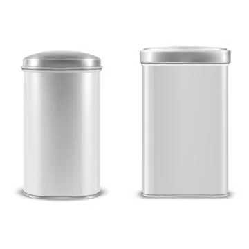 Vector realistic 3d white blank metal aluminium tin can containers with silver Stock-Illustration