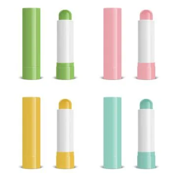 Vector realistic 3d white blank glossy closed and opened lip balm stick or Stock Illustration
