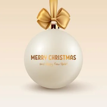 Vector Realistic 3d White Christmas Glass Ball with Yellow Golden Silk Bow Stock Illustration
