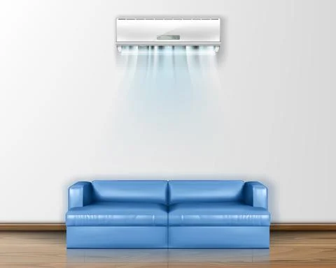 Vector realistic air conditioner with fresh air on the wall above the sofa. Stock Illustration