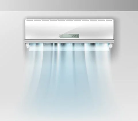 Vector realistic air conditioner on wall background with fresh air. Stock Illustration