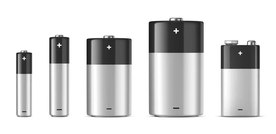 Vector realistic alkaline batteriy icon set. Diffrent size - AAA, AA, C, D, PP3 Illustrazione stock