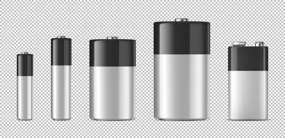 Vector realistic alkaline batteriy icon set. Diffrent size - AAA, AA, C, D, PP3 Stock Illustration
