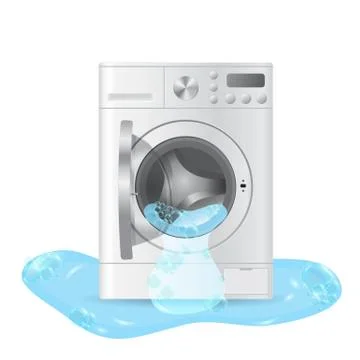 Vector realistic automatic broken washing-machine with front-loading clothes  Stock Illustration