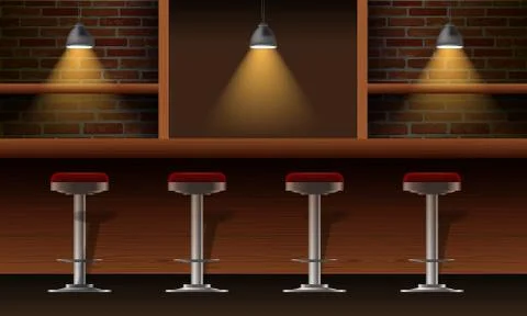 Vector realistic bar, pub interior with brick walls, wooden counter, chairs Stock Illustration