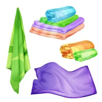 Vector realistic bathroom, spa colored towel set. Illustrazione stock