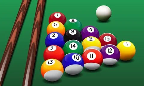 Vector realistic billiard balls and cues on the table Stock Illustration