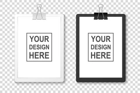 Vector Realistic Black and White Clipboard with Blank Paper, Metal Clip Icon Set Stock Illustration