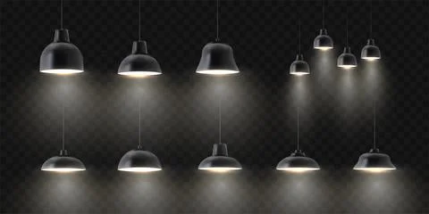 Vector realistic black ceiling lamps set. Different shapes and sizes interior Illustrazione stock