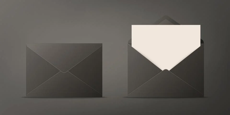 Vector Realistic Black Closed, Opened Envelopes with Letter Inside. Folded and Illustrazione stock