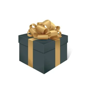 Vector realistic black gift box with golden ribbon and bow. Stock Illustration