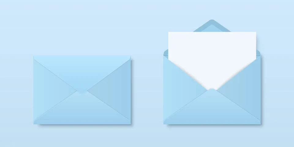Vector Realistic Blank Blue Closed, Opened Envelopes with Letter Inside. Folded Stock Illustration
