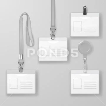 Vector Realistic Blank Office Graphic Id Card Set with Gray Clasp, Holder Cllip Stock Illustration