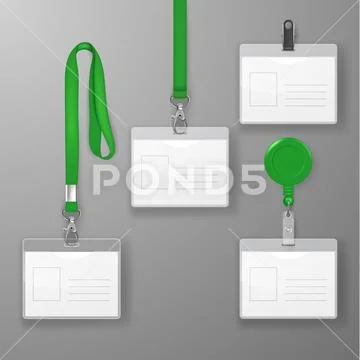 Vector Realistic Blank Office Graphic Id Card Set with Green Clasp, Holder Cllip Stock Illustration