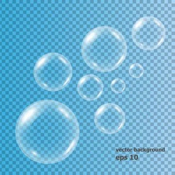Vector realistic blue background with transparent soap water bubbles Stock Illustration