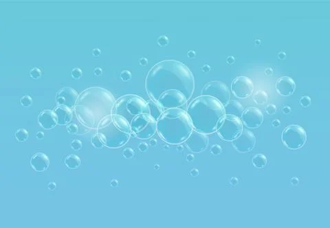 Vector realistic blue background with transparent soap water bubbles Illustrazione stock