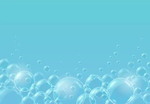Vector realistic blue background with transparent soap water bubbles 스톡 일러스트