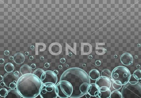 Vector realistic blue background with transparent soap water bubbles ...