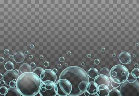 Vector realistic blue background with transparent soap water bubbles 스톡 일러스트