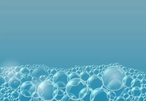 Vector realistic blue background with transparent soap water bubbles 스톡 일러스트
