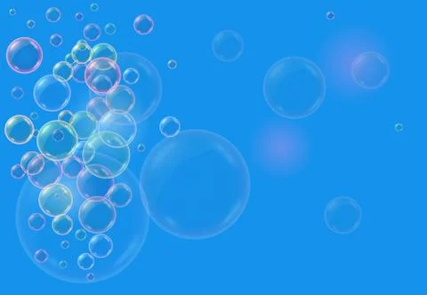 Vector realistic blue background with transparent soap water bubbles 스톡 일러스트