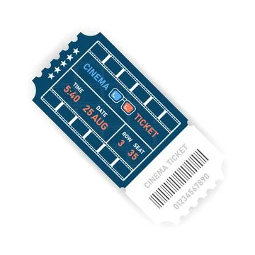 Vector realistic blue designed cinema ticket close up top view isolated on wh Stock Illustration