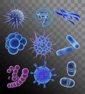 Vector realistic blue viruses bacteria microbes Stock Illustration