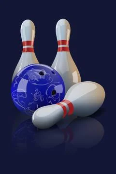 Vector realistic bowling ball and three pins with mirror reflection Illustrazione stock