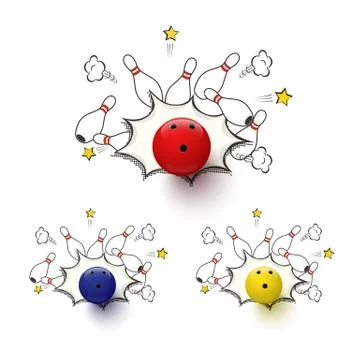 Vector realistic bowling ball on comic book background set. Bowling strike. Stock Illustration