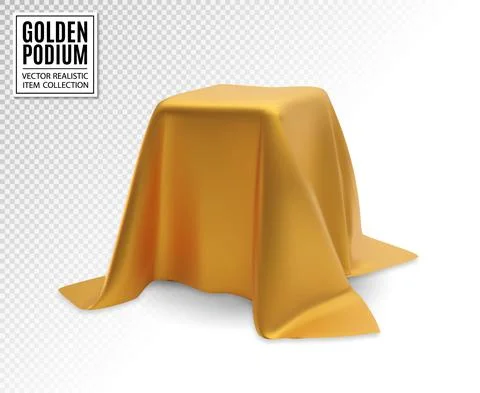 Vector realistic box covered with golden silk cloth on transparent background Stock Illustration