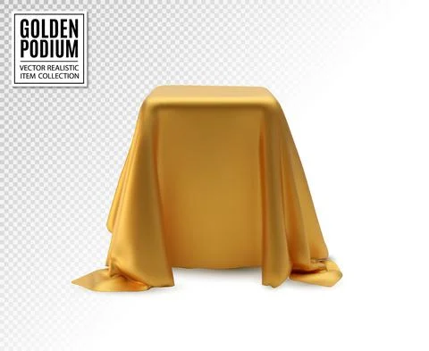 Vector realistic box covered with golden silk cloth on transparent background Stock Illustration