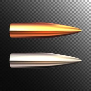 Vector realistic bullet on transparent background. Shiny rifle bullets. Illustrazione stock