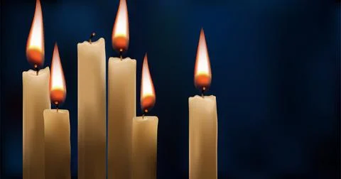 Vector realistic burning candles on a dark background. Illustrazione stock