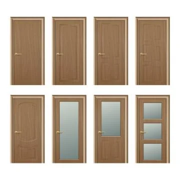 Vector realistic different closed brown wooden door icon set closeup isolated on Stock Illustration