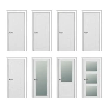 Vector realistic different closed white wooden door icon set closeup isolated on Stock Illustration
