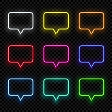 Vector realistic different color neon rectangle speech bubbles on dark Stock Illustration