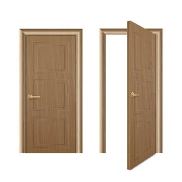 Vector realistic different opened and closed brown wooden door icon set closeup 库存插图