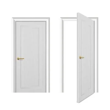 Vector realistic different opened and closed white wooden door icon set closeup 스톡 일러스트