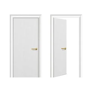 Vector realistic different opened and closed white wooden door icon set closeup Stock Illustration