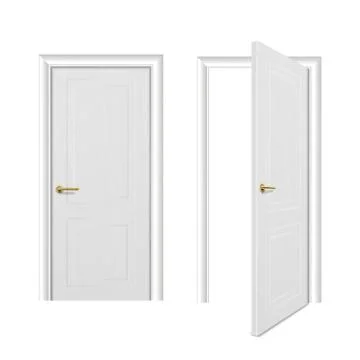 Vector realistic different opened and closed white wooden door icon set closeup Stock Illustration