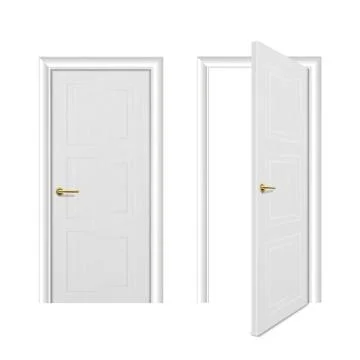 Vector realistic different opened and closed white wooden door icon set closeup 스톡 일러스트