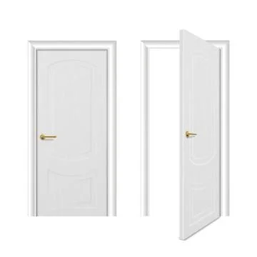 Vector realistic different opened and closed white wooden door icon set closeup Stock Illustration