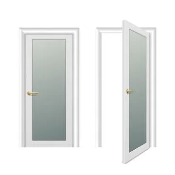 Vector realistic different opened and closed white wooden door icon set closeup 库存插图