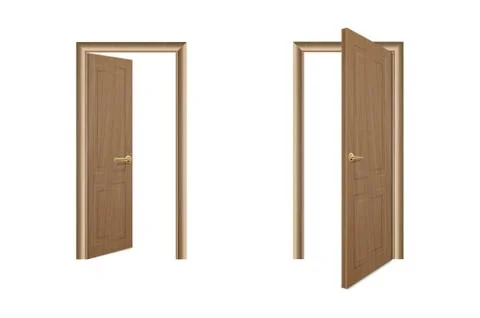 Vector Realistic Different Opened and Closed Brown Wooden Door Icon Set Closeup イラスト素材