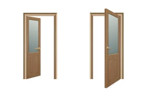 Vector Realistic Different Opened and Closed Brown Wooden Door Icon Set Closeup Stock Illustration