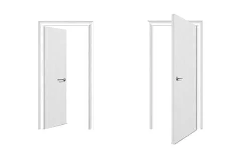 Vector Realistic Different Opened and Closed White Wooden Door Icon Set Closeup 库存插图
