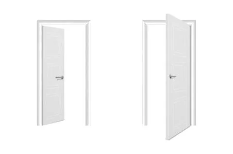 Vector Realistic Different Opened and Closed White Wooden Door Icon Set Closeup Stock Illustration